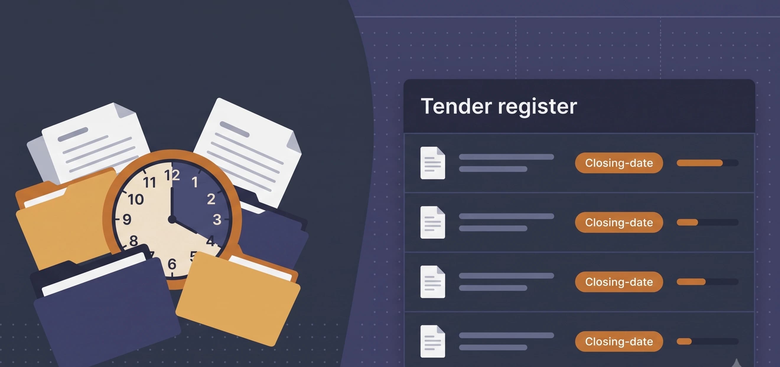 A tender register showing closing dates and submission progress per bid
