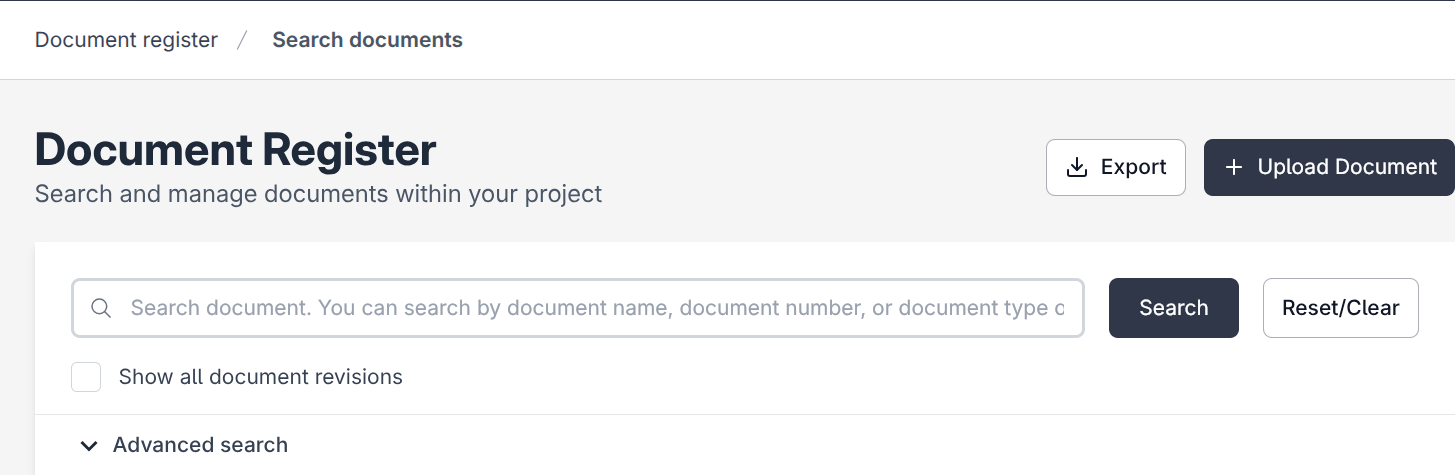 A project document register with rows of documents and the Upload Document and Export buttons in the header