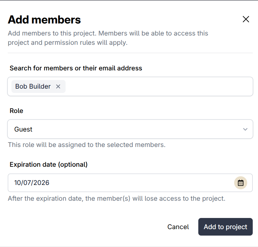 The Quick invite tab with email addresses entered and a role selected