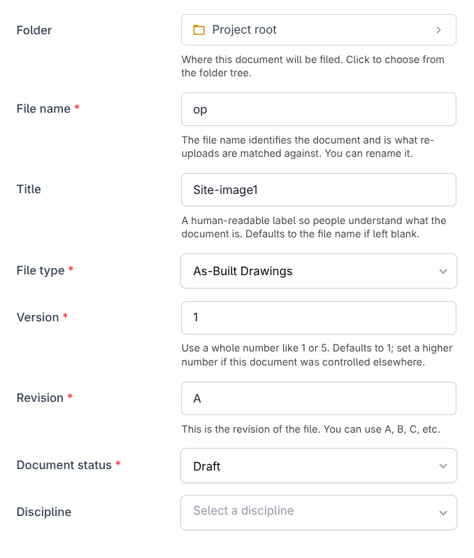 The registration form showing title, discipline, and status fields for the uploaded documents