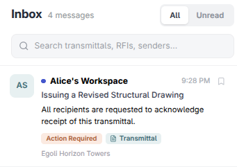 The Mail inbox with a received transmittal at the top of the list